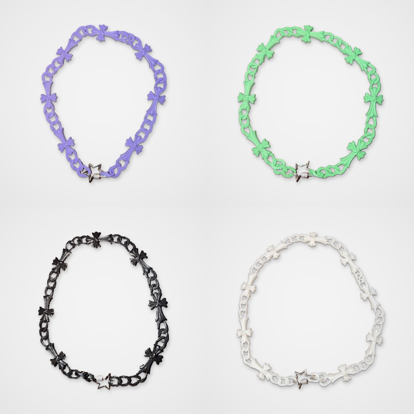 I quattro colori del choker: lilla, lime, nero, bianco